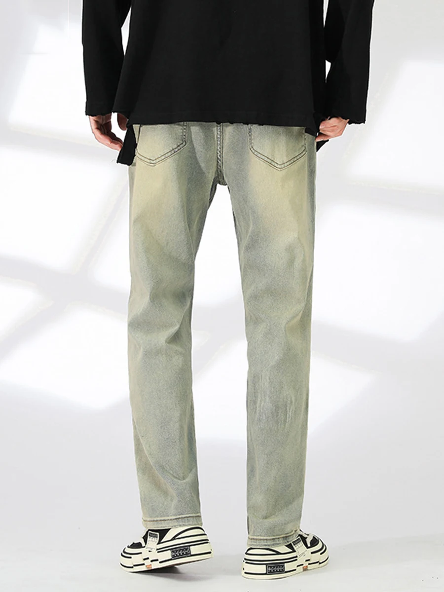 Four Seasons Men's Jeans Washed Distressed Stretch Vibe High Street Yellow Mud Dyed Y2k Men Jeans Streetwear Men's Ins Hot Sale