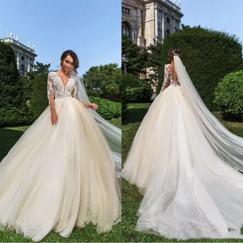 

Elegant Wedding Dress Long Sleeves V Neck Sequins Appliques Lace Princess Stylish Ruffles Bridal Gowns Plus Size Robe de mariée