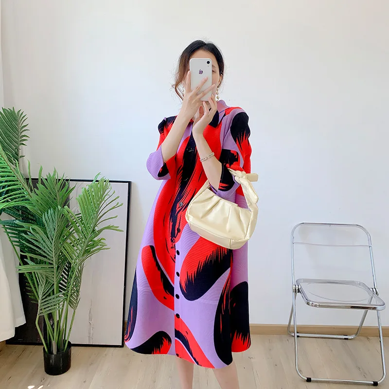 

Miyake pleated jacket 2022 new summer lapel printed shirt fashion jacket women's mid-length
