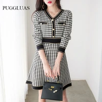 elegant black dress fashion hepburn style female half sleeve v neck knee length knitted dresses high waist office lady dress