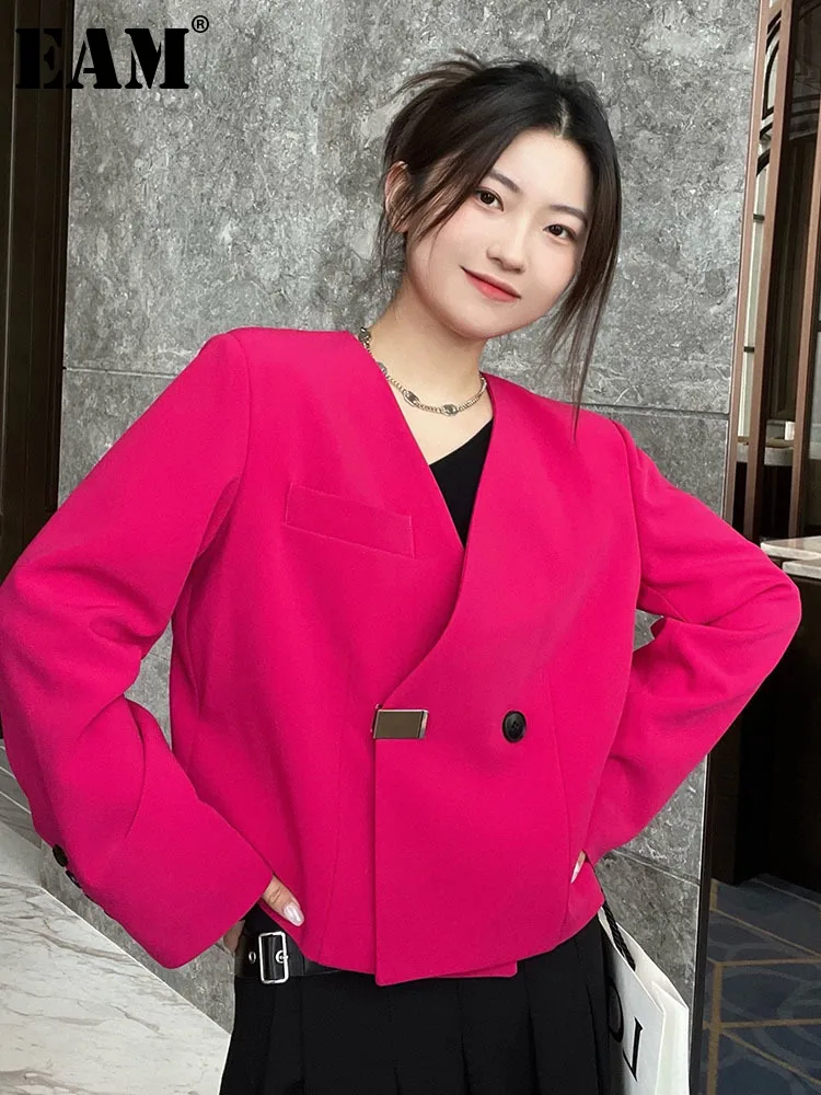 

[EAM] Women pink Color Short Big Size Blazer New V-neck Long Sleeve Loose Fit Jacket Fashion Tide Spring Autumn 2022 1DE7188