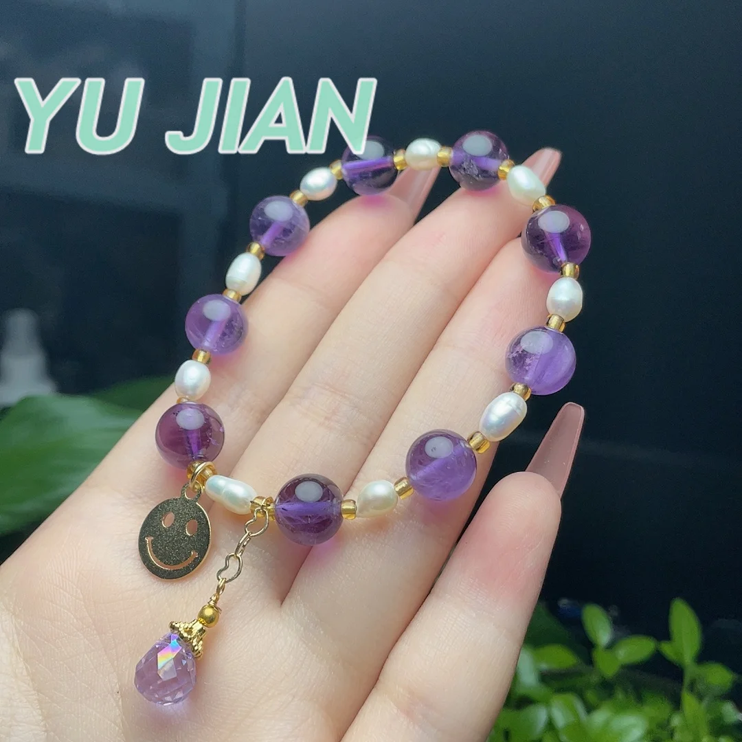 

Latest Natural Delicate Purple Crystal Beads With Original Pearl Bracelet High Quality DIY Handmank Bangle Handring Fine Jewelry