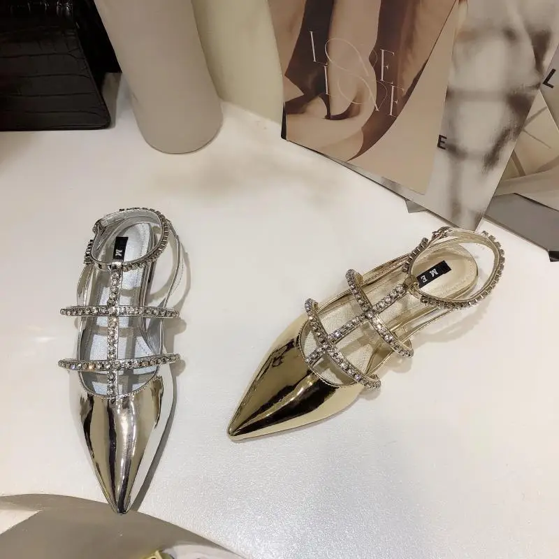 

Crystal Pointed Toe Sandals Slingback Gold Ankle Strap Women Shoes Summer Fashion Low Heels Shallow Zapatillas Mujer