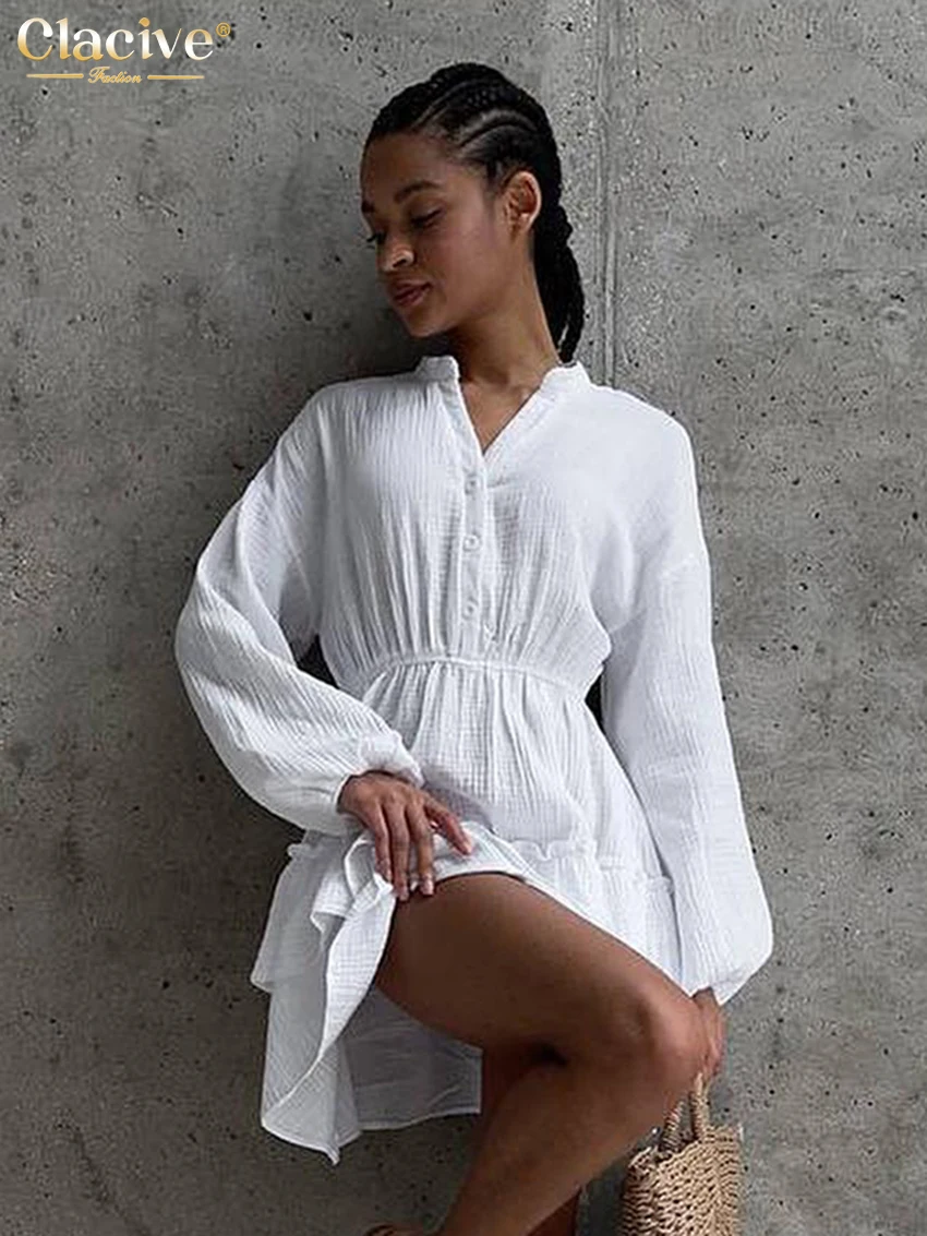 Повседневное свободное белое хлопковое женское платье Clacive 2024 модные мини-платья