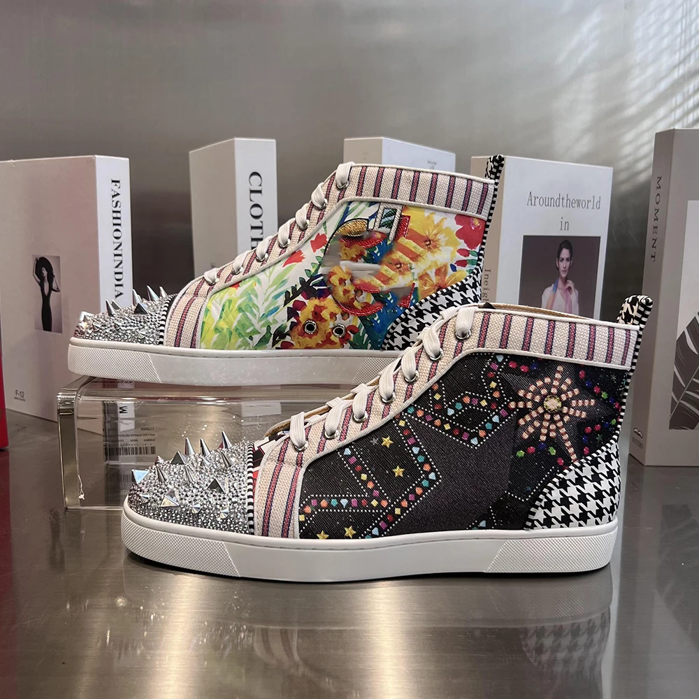 

Luxury Designer High Top Genuine Leather Red Bottom Rivet Shoes For Men Casual Flats Loafers Women Spike Sneakers Street Style