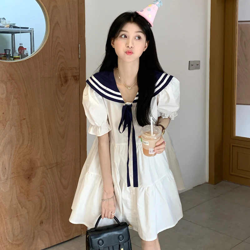 

White bubble sleeve college dress women's summer niche artistic milk sweet shirt skirt first love waist skirt