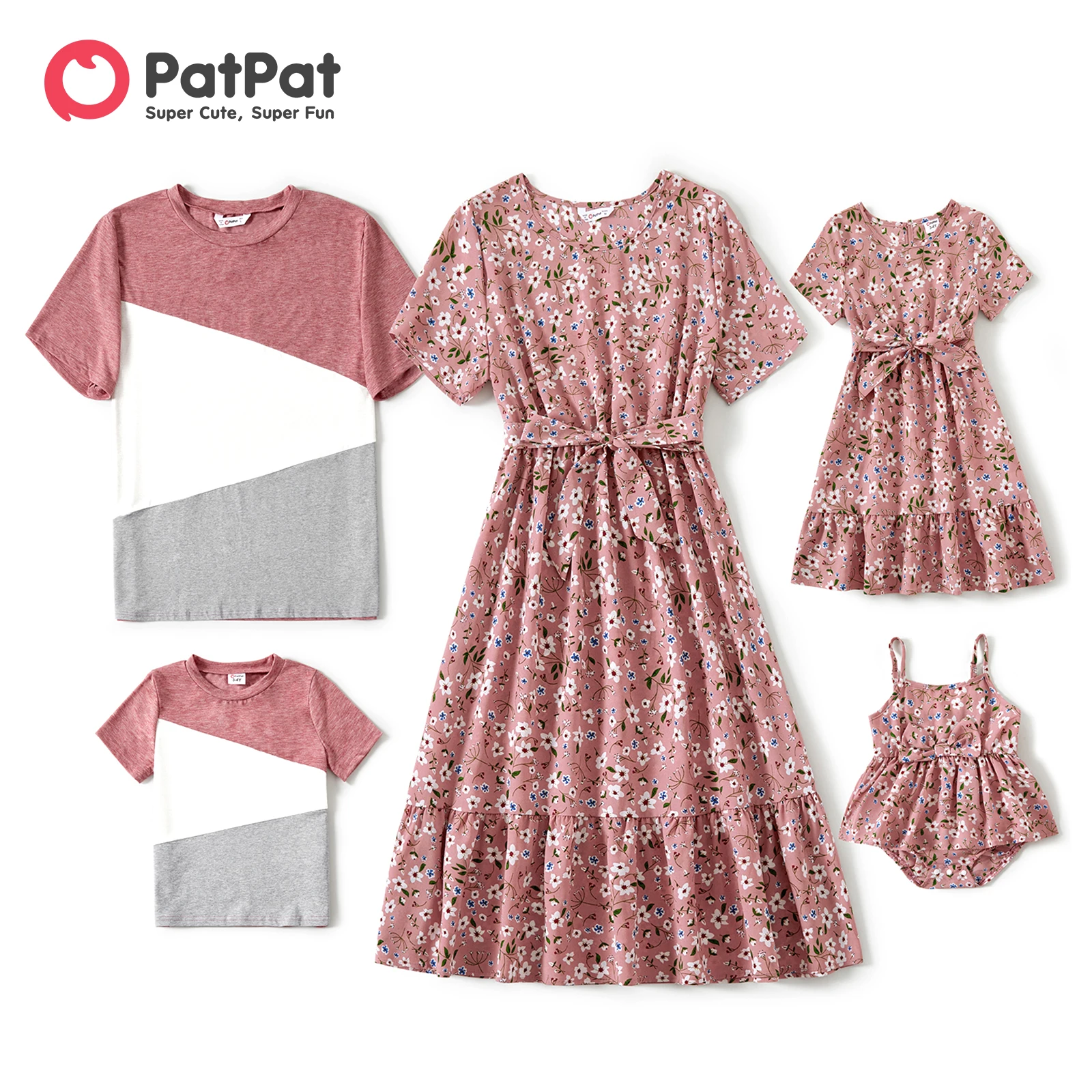 

PatPat Family Matching Outfits Allover Floral Print Short-sleeve Belted Dresses and Colorblock T-shirts Family Looks Sets