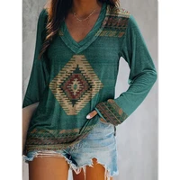 2022 new spring autumn women v neck t shirt vintage ethnic style print long sleeve casual clothes oversized t shirt yk2 clothes
