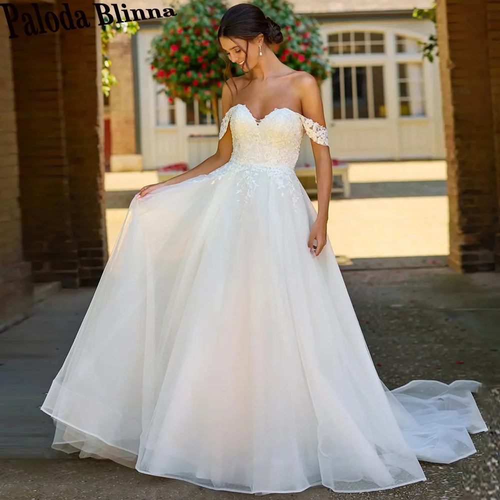 

Paloda Classic Off The Shoulder Wedding Gown For Bride V-Neck Backless Sweep Train Short Sleeves A-LINE Tulle Vestidos De Novia