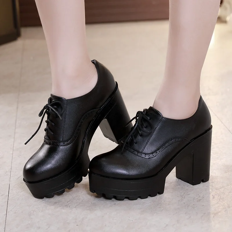 

High Heeled Shoes Show Women's Single Shoes Thick Heeled Plush Lace Up Thick Soled Leather Shoes Women's Shoes Zapatos De Mujer