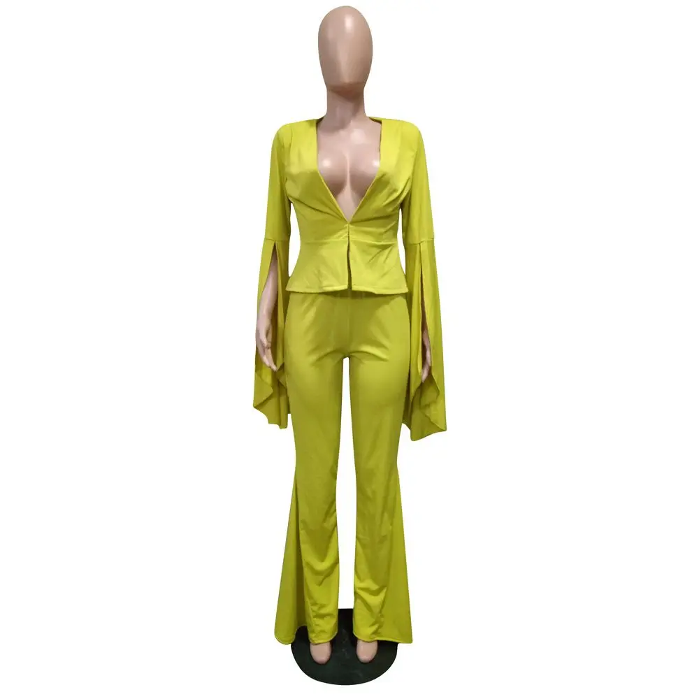 Fashion Irregular Ruffles Sleeve Blazer 2-Piece 2023 Women Flare Pants Slim Suits V-Neck Solid Colors Casual Office Ladies Set