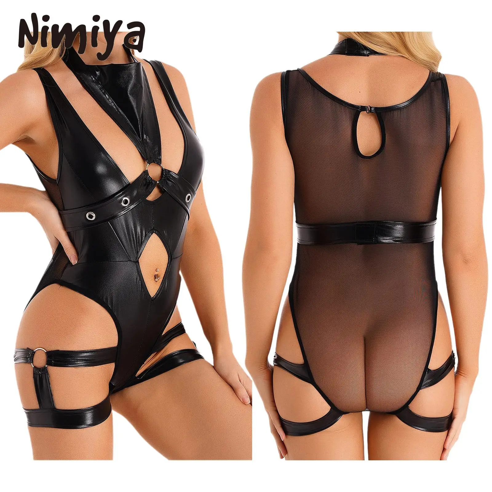 

Nimiya Womens Black Cutout Strappy Patent Leather Deep V Neck Bodysuits with Sheer Mesh Back Catsuit with Choker Harness Belts