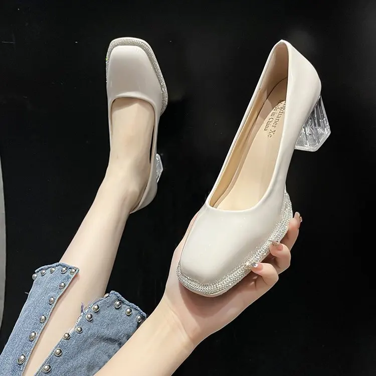 

Spring Women's Shallow Mouth Thick Heels High Heels Black Beige Gray Square Toe Casual Office Slip on Simple Ladies High Heels