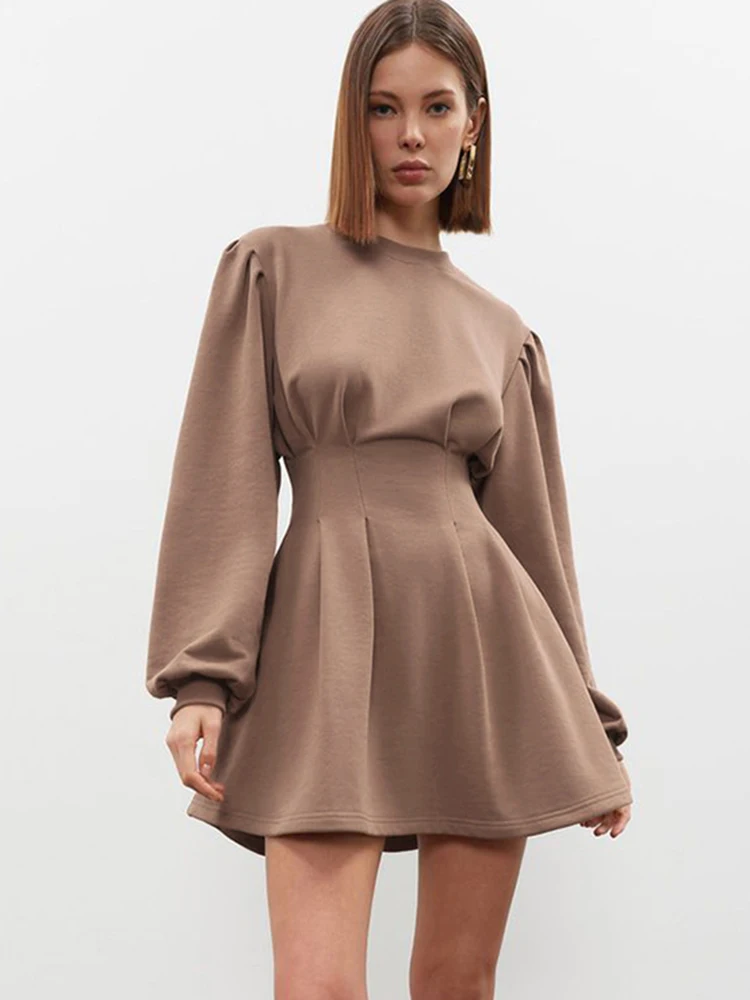 

Spring High Waist Knitting Dresses for Women's 2022 Lantern Sleeve Casual Mini Dress Autumn Ladies Brown O-Neck A-LINE Dresses