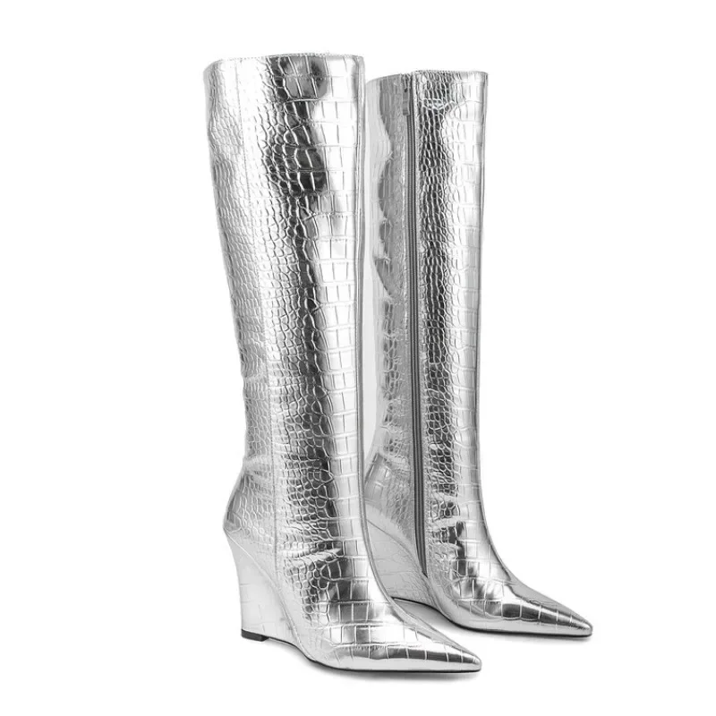 Женские сапоги на танкетке серебристые золотистые с острым носком в европейском