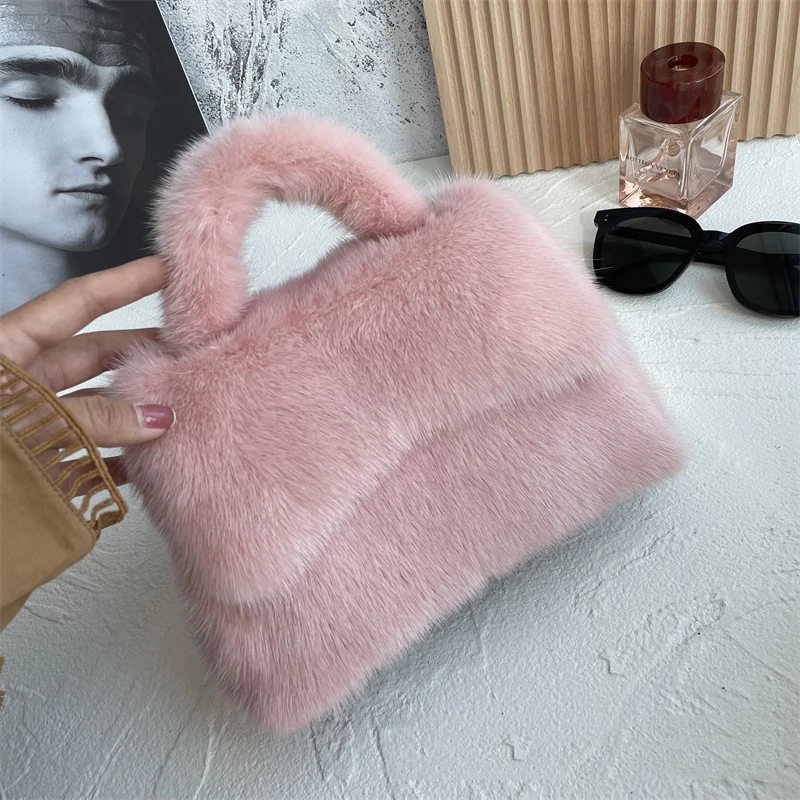 Female Mink Leather Bag Solid Color Handbag Plush Casual Lady Handbag Shoulder Bag Fashion Exquisite Shopping Bag