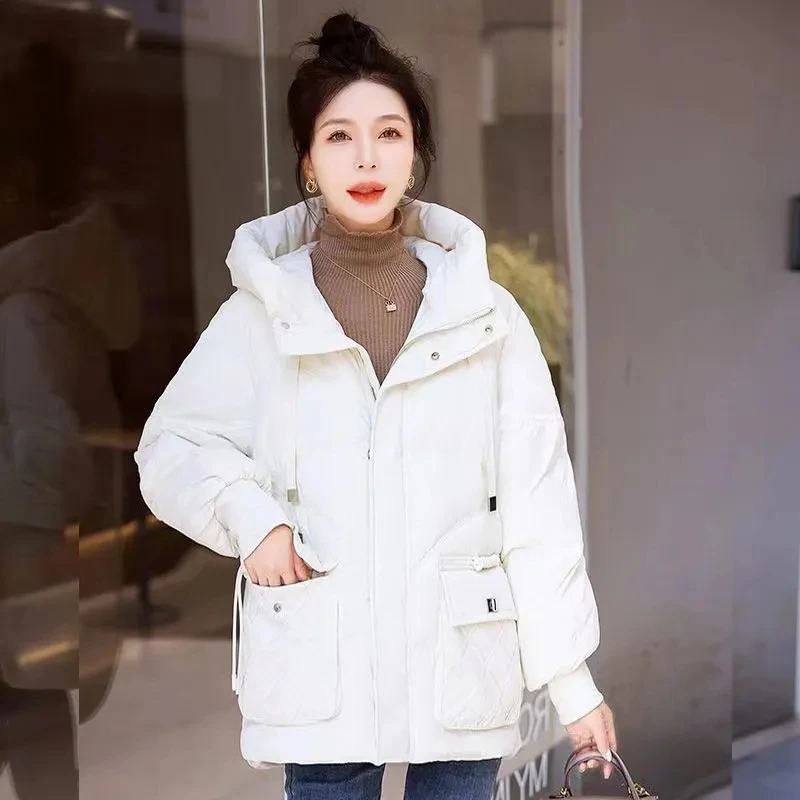 

2023 Winter Thick Down Cotton-padded Jacket Women Casual Hooded Parkas Coat Korean Loose Pocket Long Sleeve Outerwear