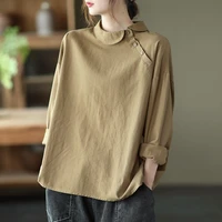 retro cotton diagonal long sleeved shirts literary shirts pullovers solid color blouse women cotton regular solid cotton