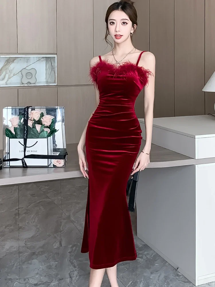2024 Красное бархатное шикарное сексуальное длинное платье на бретельках с