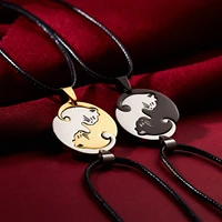 stainless steel black and white cat pendant necklace creative kitten hug shape couple stitching necklace