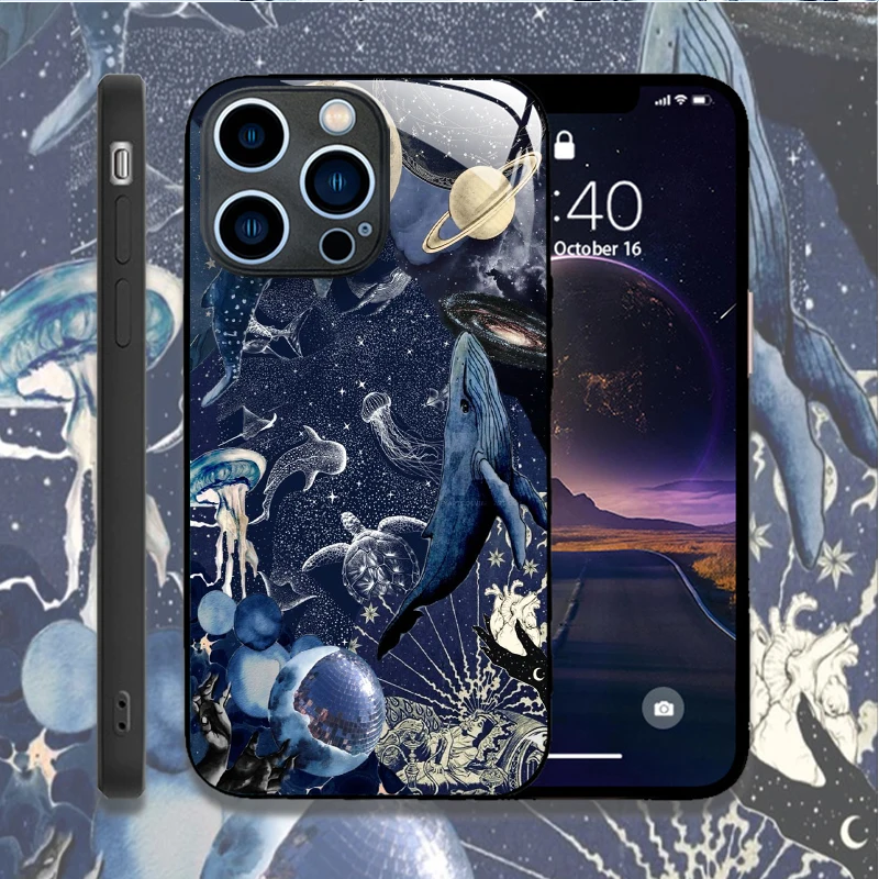 Cartoon Ocean Whale Shark Swimming Phone Case for IPhone 16 Pro Max 15 14 13 12 Mini 11 XS 7 8 14Plus Cover Tempered Glass Cases