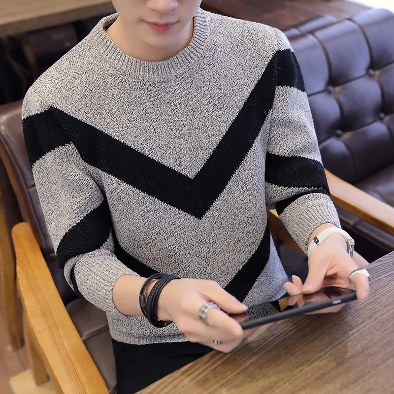 Suéter de manga larga para hombre, prenda de vestir con estampado a cuadros, cuello redondo, Top de punto ajustado, Otoño, 2021