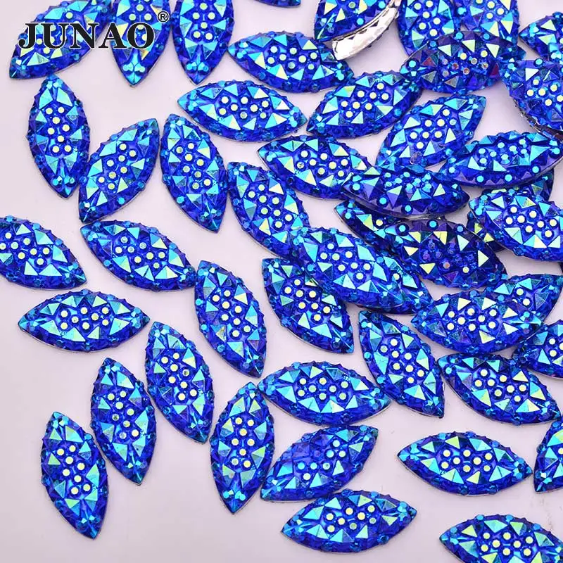 

JUNAO 7*15mm Blue AB Resin Rhinestone Applique Horse Eye Flatback Crystal Stone Non Hotfix Diamond Strass for Wedding DYI Crafts