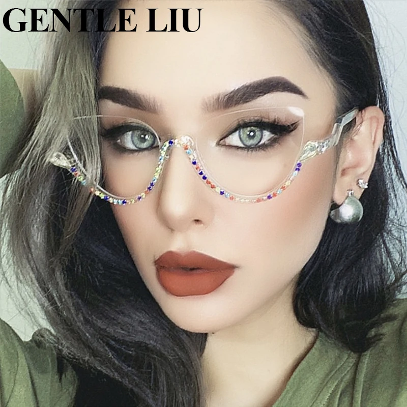 

Anti Blue Light Semi Rimless Glasses Women Luxury Designer Crystal Eyeglasses Frames for Ladies Clear Half Frame Optical Eyewear