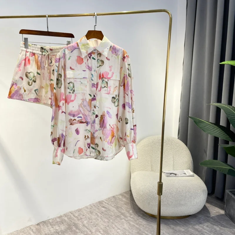 

Women Sets New 2022 Summer Multi-Color Hand-painted Print Lantern Long Sleeve Blouse Elastic Waist Drawstring Shorts Suit