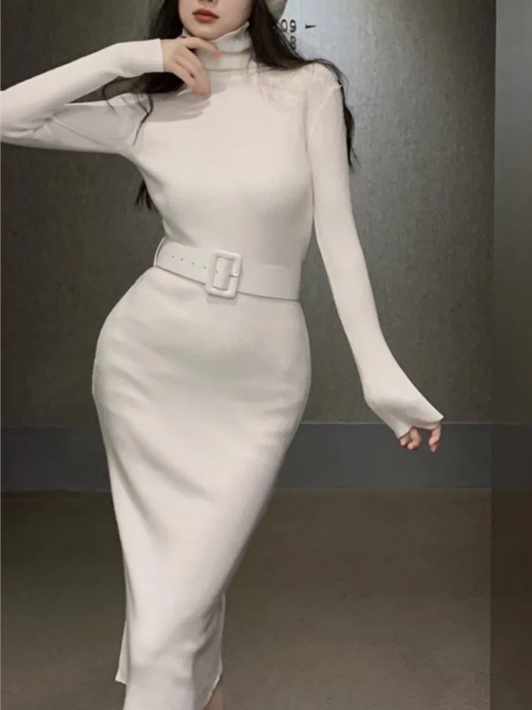 

Knitted Dress Women Autumn Winter Turtleneck Casual Bodycon Slim Party White Vestidos With Belted Female Fashion Sweater Robe