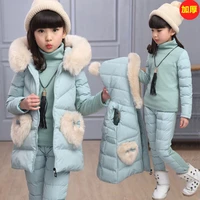 3pcs children clothes set for russia winter girls warm vest top jacketcotton pants suit fur hooded boys print clothing sets