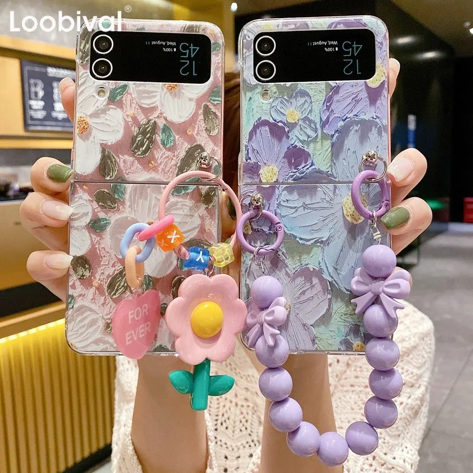 Fashion Sakura Cartoon Flowers Bracelet Phone Case for Samsung ZFlip3 Z Flip3 Flip4 Flip Z Flip 4 3 Rabbit Colorful Heart Cover