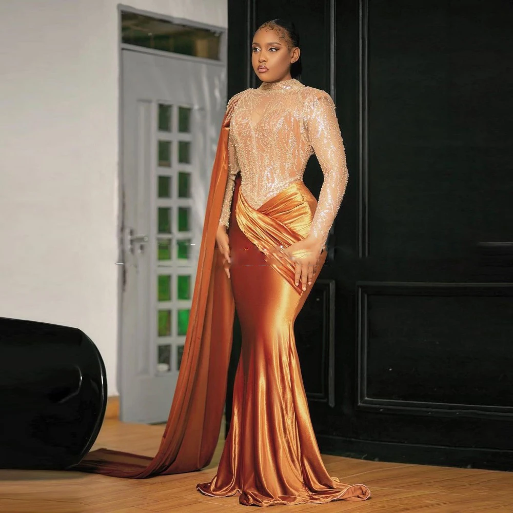 

2023 Mermaid Sheer Long Prom Dress For Black Girls Sequin Applique Birthday Party Dresses Maxi O Neck Velvet Evening Gown