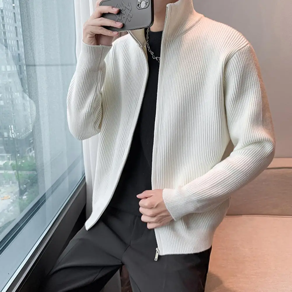 Базовый мужской свитер стильный на молнии пальто с воротником-стойкой вязаный