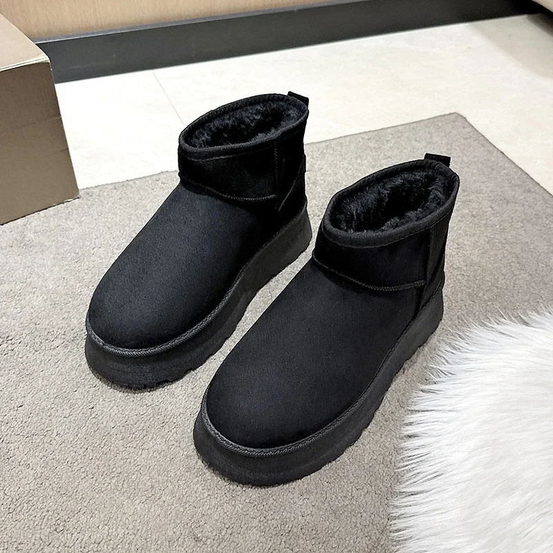 

Женские ботинки без шнуровки, зимние однотонные теплые ботинки из флока, на платформе, с круглым носком, водонепроницаемые повседневные ботинки для снежной погоды, новинка 2023