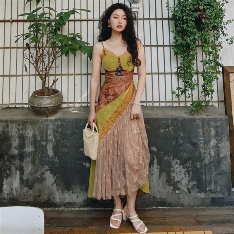 

2023 Hot Print Dress Women's Fashion Summer Strap Beach Bohemian Sleeveless Party Elegant Sundress Hem Split Waist Sling Casual