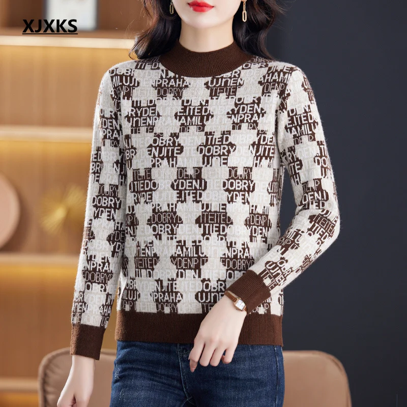 

XJXKS 2024 Winter New Thickened Warm Wool Knit Turtleneck Sweater Women Temperament Fashion Letters Ladies Pullover Tops