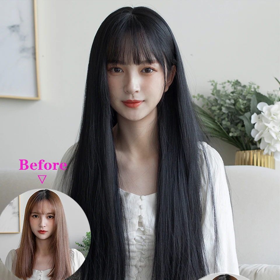 Синтетический длинный прямой черный парик с челкой SEEANO термостойкий косплей