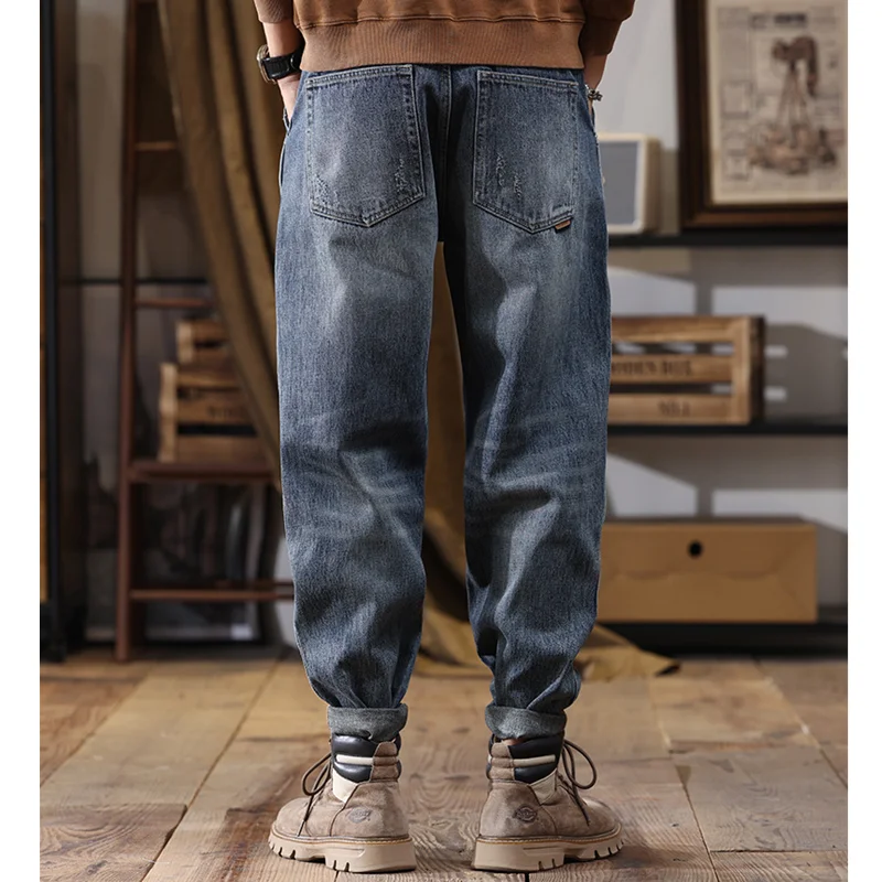 Men Clothing New Pattern Recreational Vintage Broken Patch Blue Jeans Straight Cylinder Loose Trousers Autumn and Winter Female
