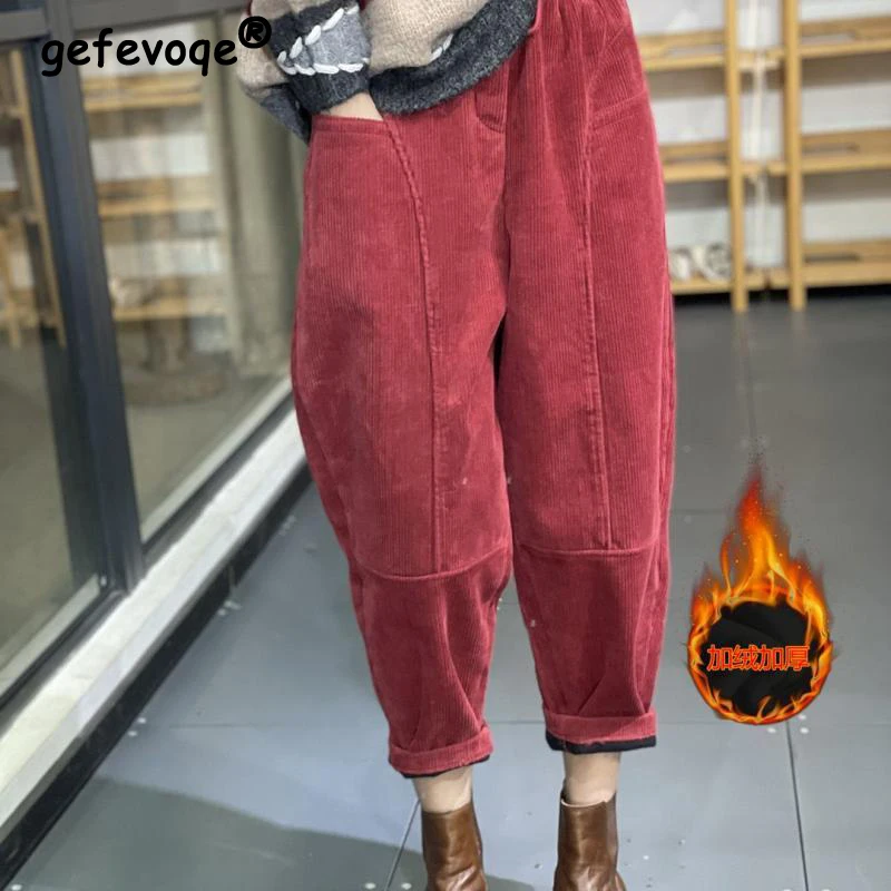Women Vintage Corduroy Loose Velvet Thick Warm Harem Pants Y2K Female Casual Streetwear Baggy Trousers Autumn Winter Pantalones