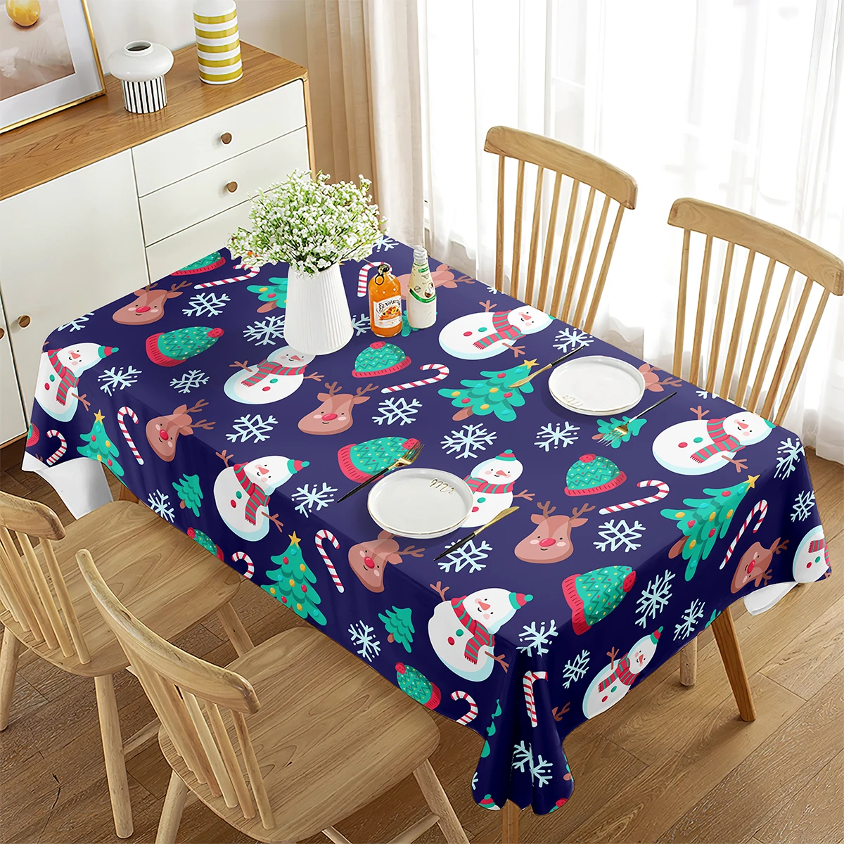

Snowman Scarf Pattern Tablecloth Winter Christmas Theme Rectangle Table Cover for Kitchen Dining Room Table Party Decoration