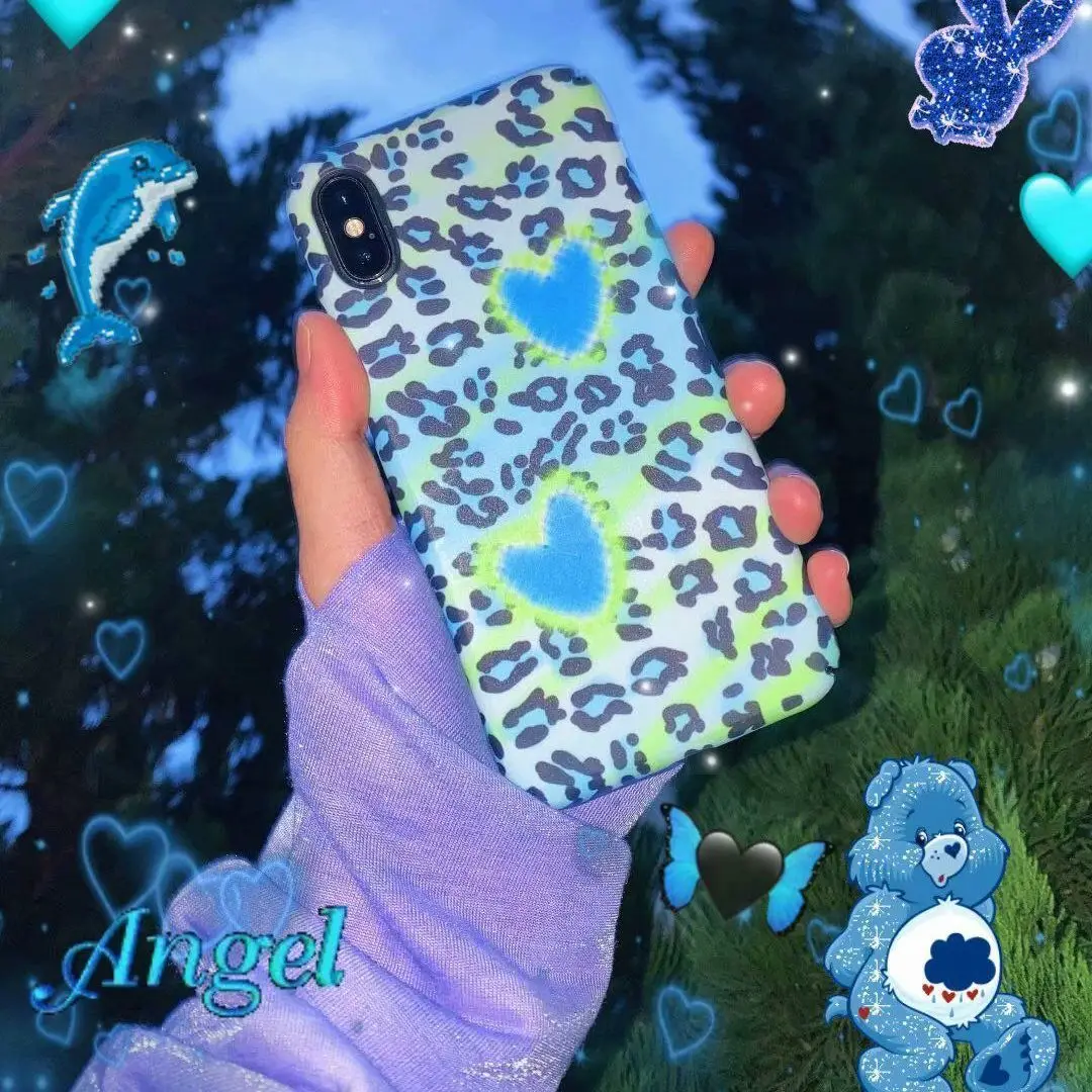 

Y2K Vintage Blue Leopard Heart Case INSFor iPhone 13 12 11 Pro XS Max X XR Korean Geometric Shockproof Soft Cases