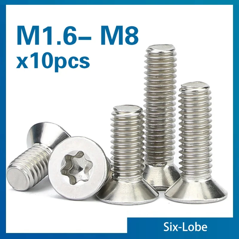 

10pcs/lot Six-Lobe Torx Flat Countersunk Head Screw Bolt M1.6 M2 M2.5 M3 M4 M5 M6 M8 304 A2-70 stainless steel GB2673