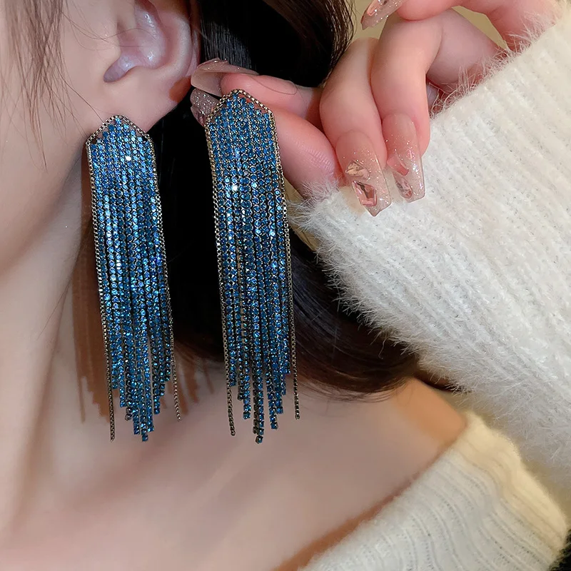 

Long Tassles Hyperbole Dangle Earrings Full Rhinestone Drop Earrings For Women Girls luxury Ear Accessories New Jewelry Gifts