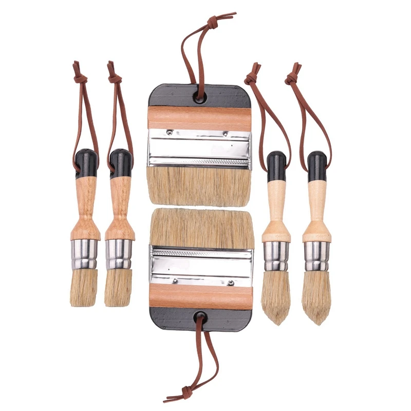 

6Pack Chalk And Wax Paint Brushes Bristle Stencil Brushes For Wood Furniture Home Wall Decor