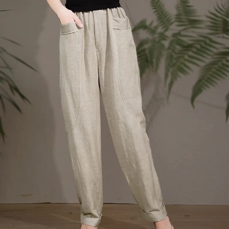 

2022 Arts Style New Arrival Summer Women All-matched Cotton Linen Ankle-length Pants Casual Loose Elastic Waist Harem Pants P363
