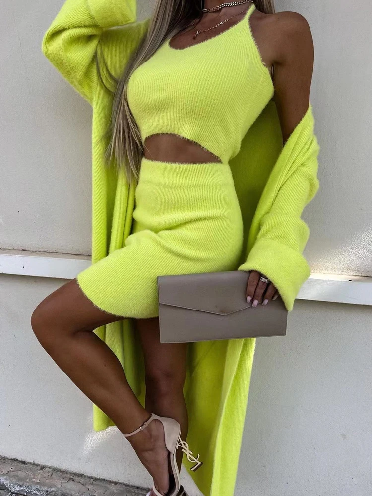 

2022 Summer Knitted 3 Piece Sets Elegant Strapless Crop Top+Short Hip Dress Women Tracksuit Sets Street Long Cardigan Outfits