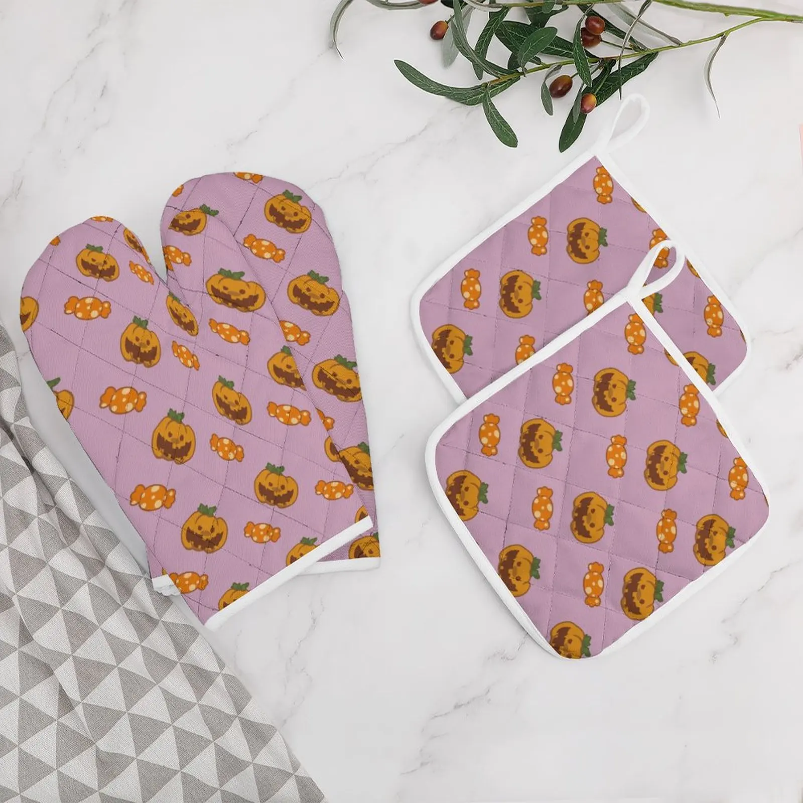 

Pumpkin - Candy - Pink - Repeat Oven Mitts and Pot Holders Heat Resistant Oven Gloves for Kitchen Safe Cooking Baking Grilling