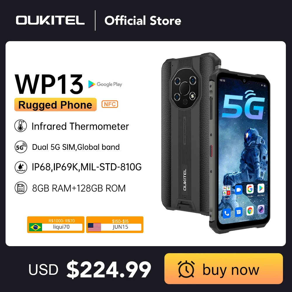 [Global Version] Oukitel WP13 4G/5G Net Rugged Smartphone 6.52''HD+ 8GB+128GB 5280mAh Mobile Phone 48MP Camera Cell Phone NFC