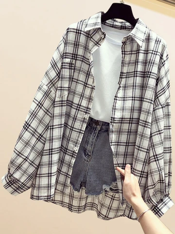 Spring Summer Fashion Female Vintage Long Sleeve Loose Plaid Blouse Tops Women Chiffon Casual Shirts Sun Protection Shirts